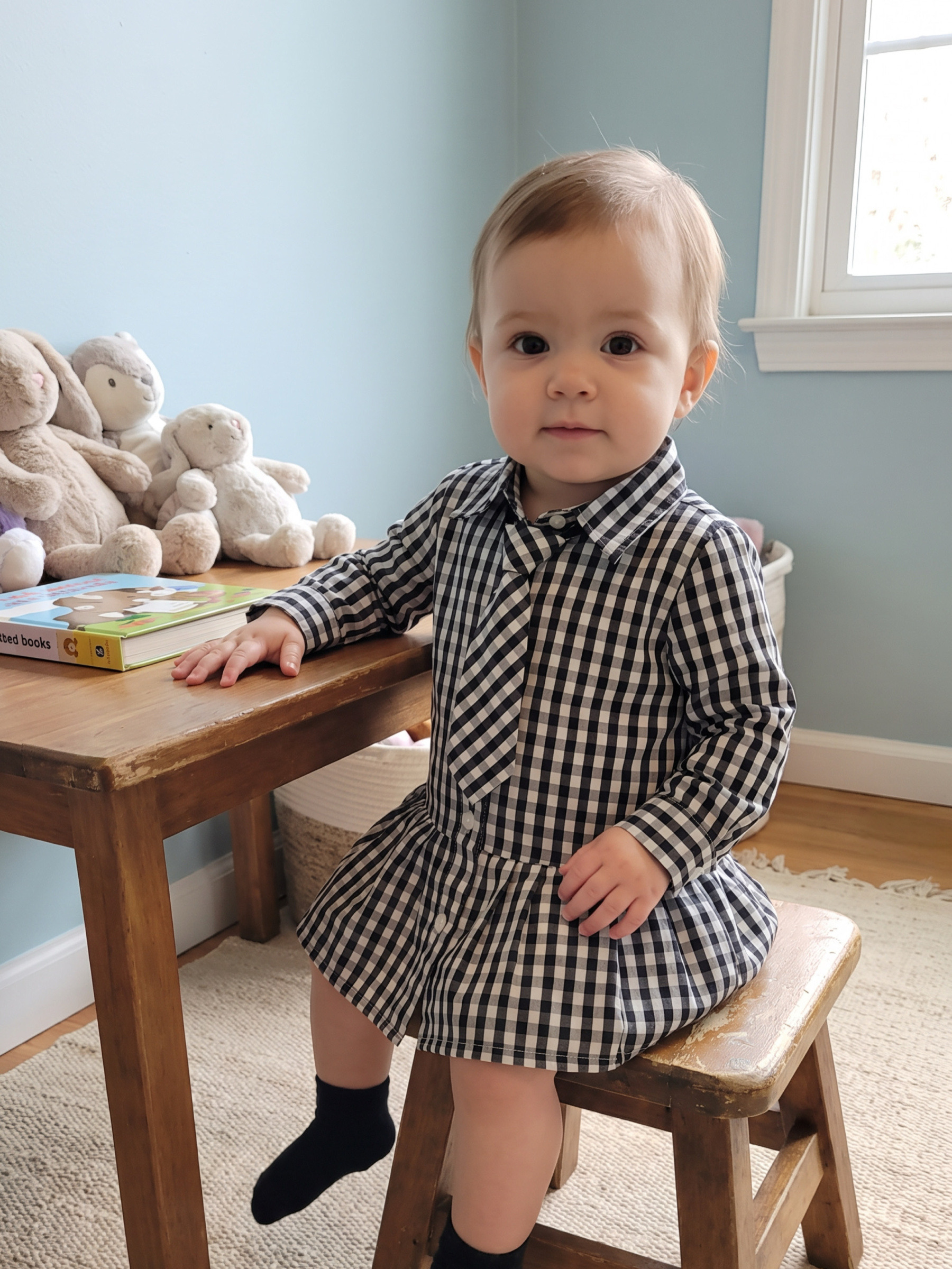 Großhändler Chicaprie - Kariertes Babykleid mit ausgestelltem Faltenrock und Schulmädchenkrawatte