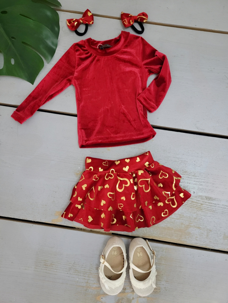 Großhändler Chicaprie - Festliches Outfit für Mädchen mit Samtoberteil und Herzchenrock mit elastischem Bund und Schleife