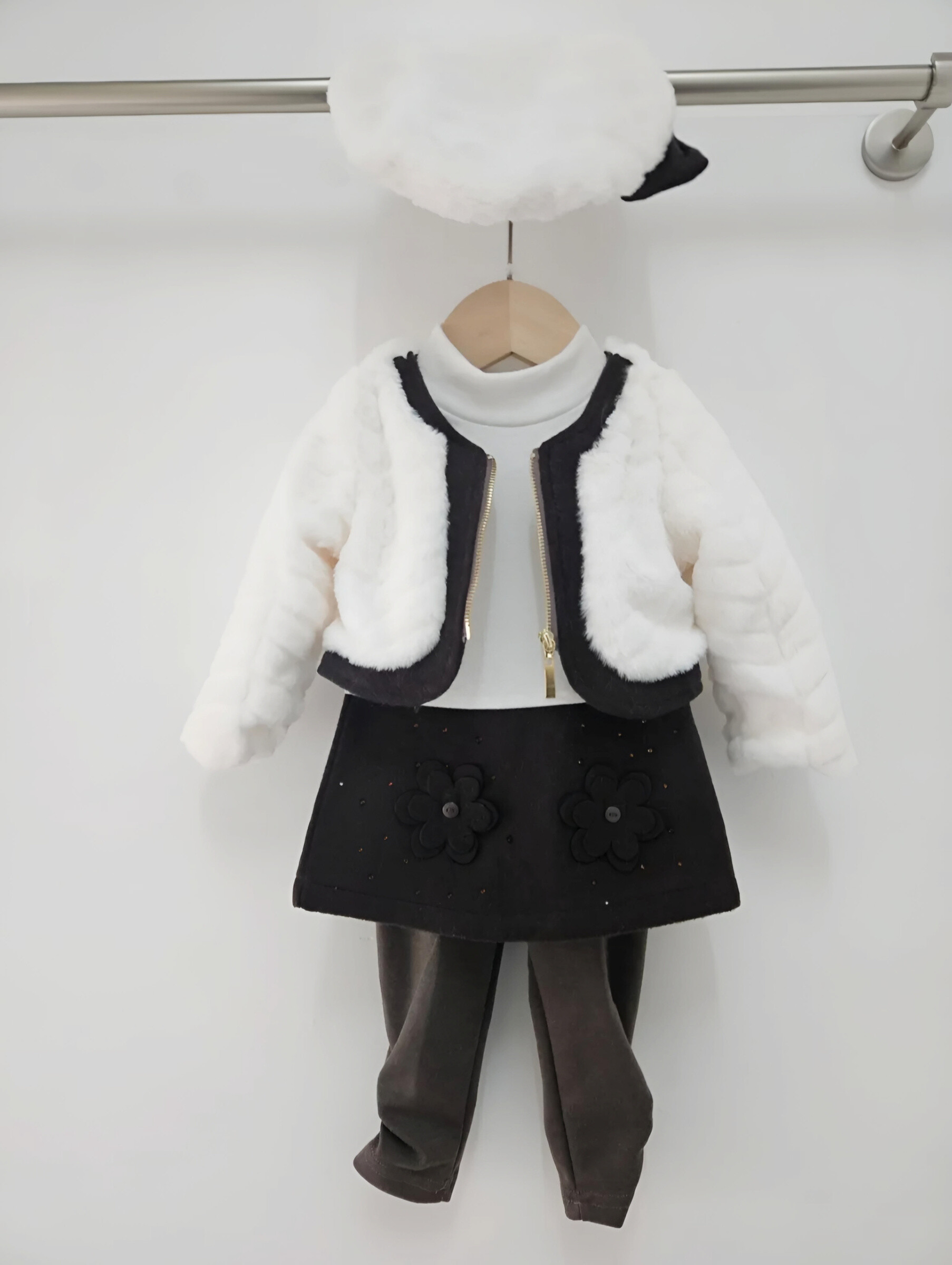 Mayorista Chicaprie - Conjunto para bebé niña con chaleco de piel sintética, vestido de flores y lentejuelas y boina