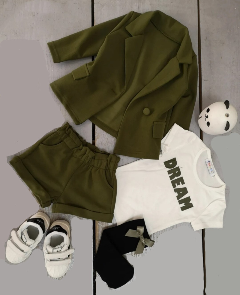 Großhändler Chicaprie - Schickes Blazer-Set für Mädchen, bestehend aus einem schicken Blazer, einer leichten, einfarbigen Shorts und einem T-Shirt mit dem Aufdruck "DREAM"