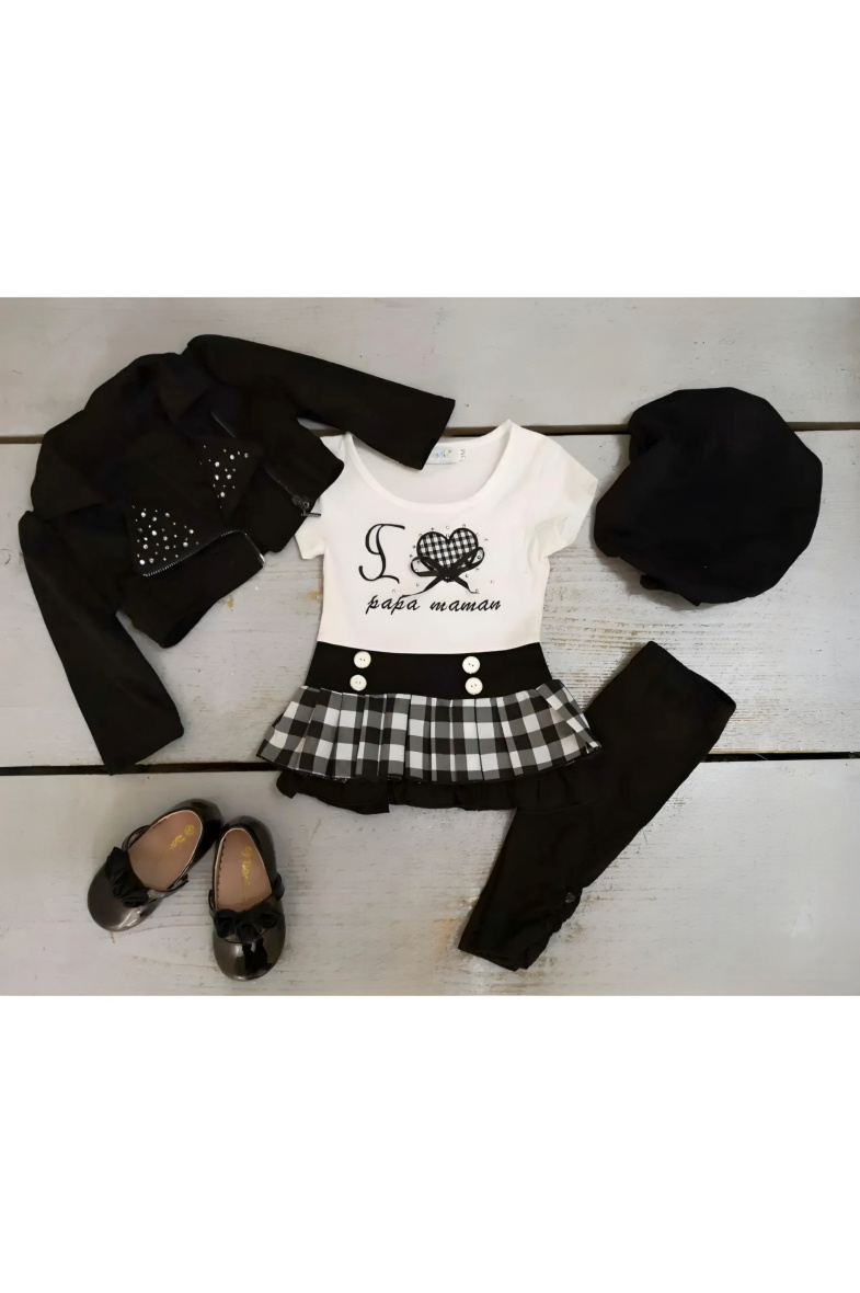 Großhändler Chicaprie - Baby Mädchen Outfit bestehend aus einer einfarbigen Paillettenjacke und einem Kleid mit der Aufschrift "Love" und karierten Strumpfhosen