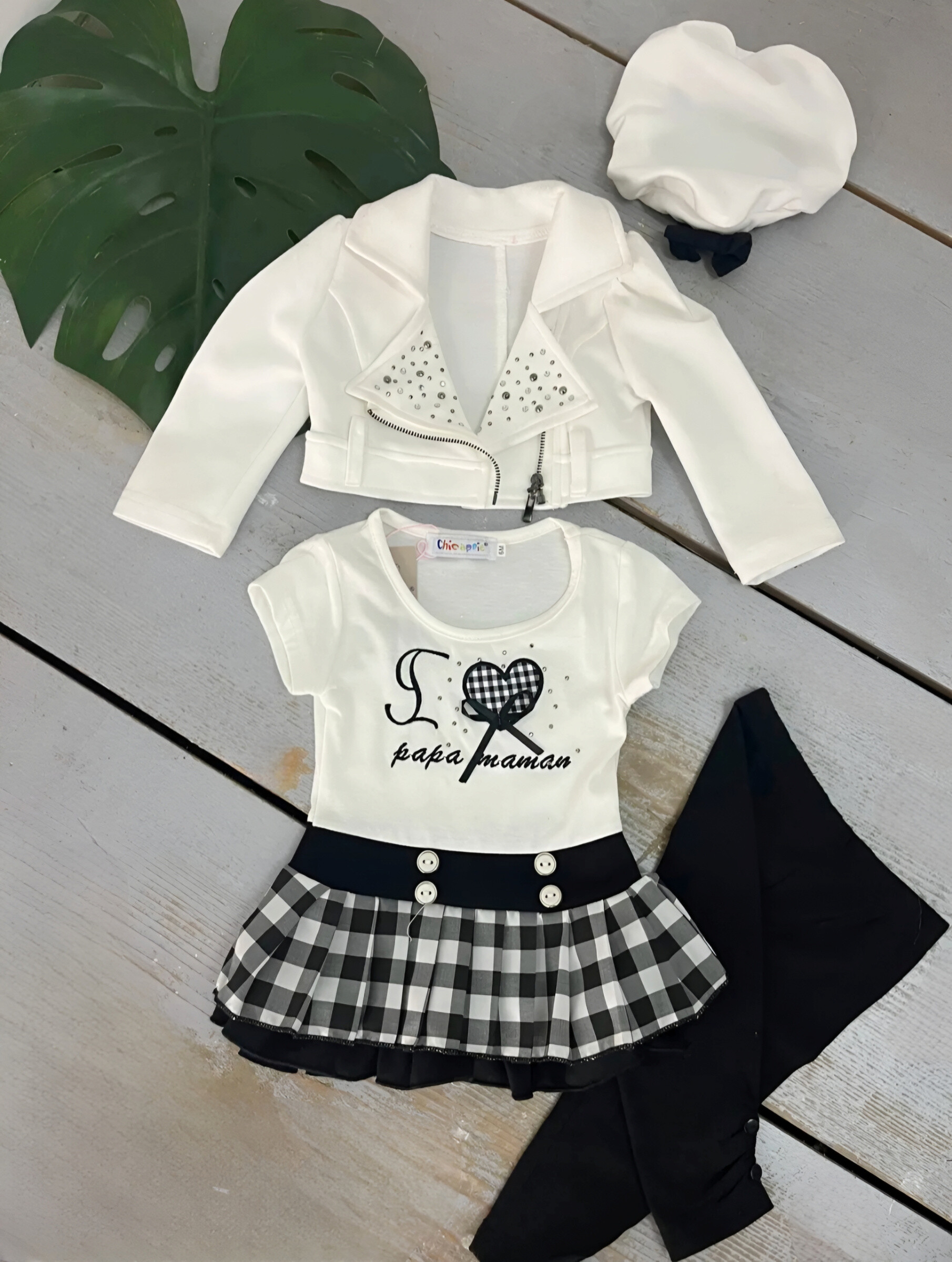 Mayorista Chicaprie - Conjunto para bebé niña compuesto por una chaqueta lisa con lentejuelas y un vestido con la inscripción "Love" y medias a cuadros