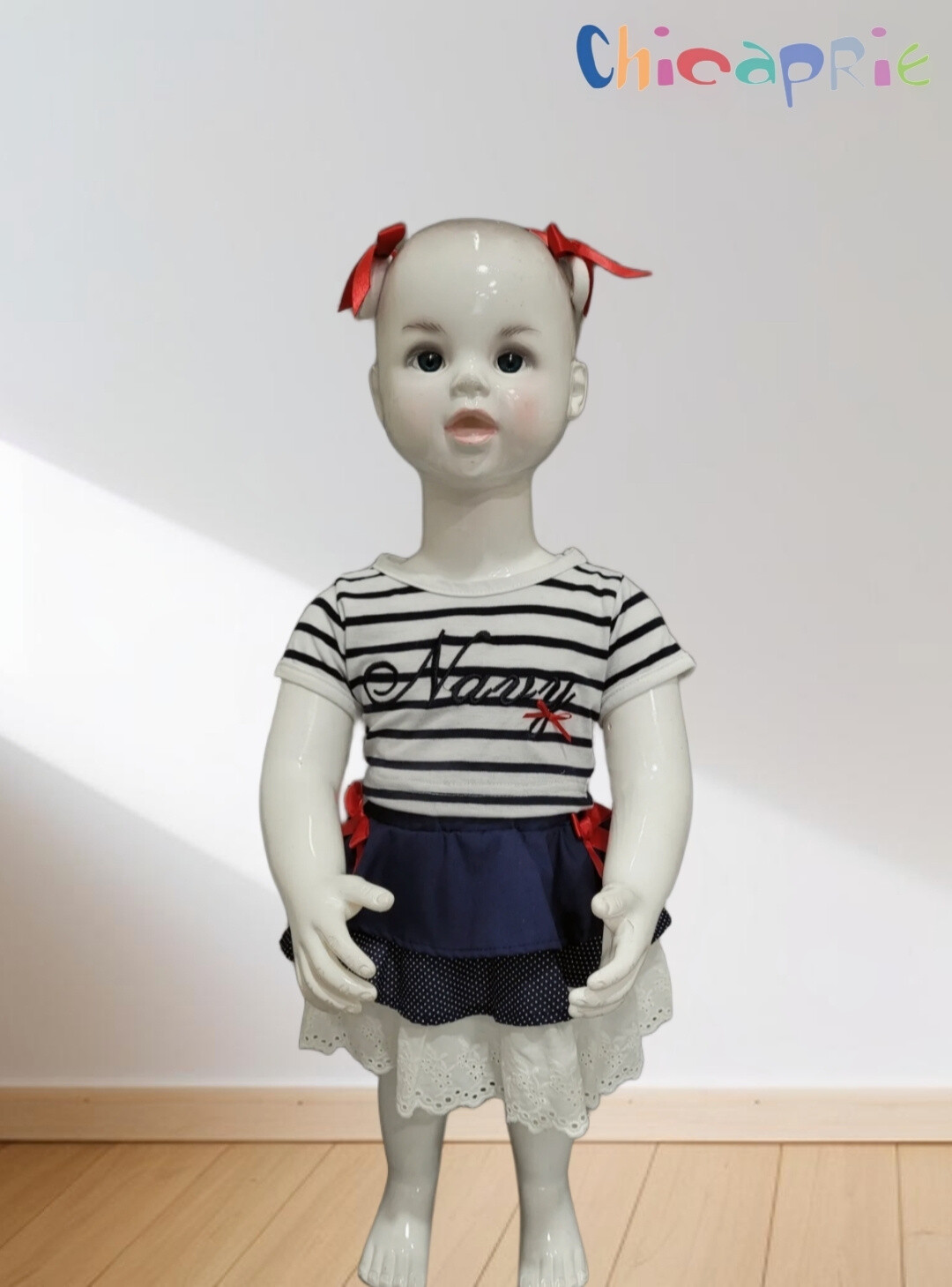 Großhändler Chicaprie - Set für Baby Mädchen mit maritim gestreiftem Oberteil und kurzem Rock mit Rüschen und Schleifen