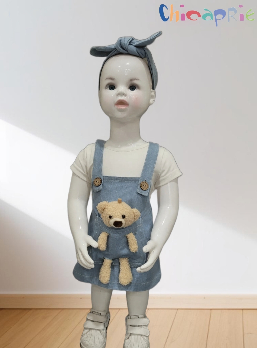 Großhändler Chicaprie - Jeans-Latzkleid-Set für Baby Mädchen mit Teddybären und einem einfarbigen Oberteil