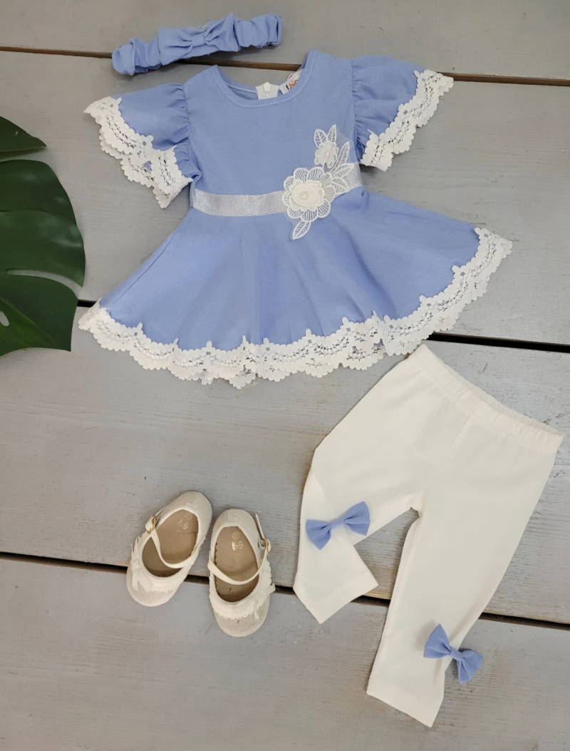 Großhändler Chicaprie - Baby Mädchen Set mit einem frühlingshaften Kleid mit Blumenband und Leggings mit Schleifen