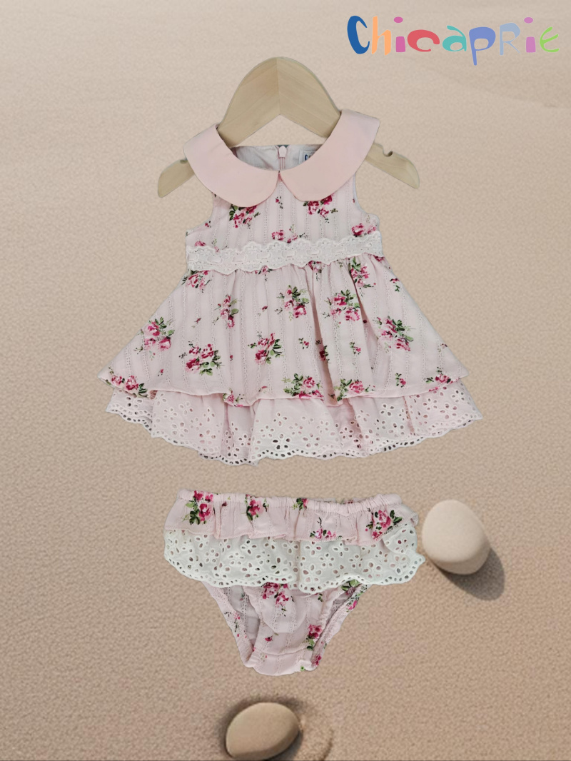 Grossiste Chicaprie - Ensemble Robe Fleurie Sans Manche Et Dentelles Avec Bas Bébé Fille