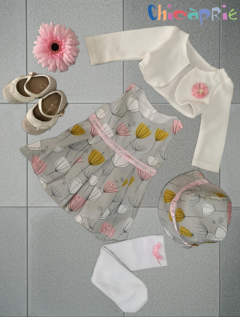 Grossiste Chicaprie - Ensemble Boléro Uni Fleur Et Robe Florale Ruban Et Strass Bébé Fille