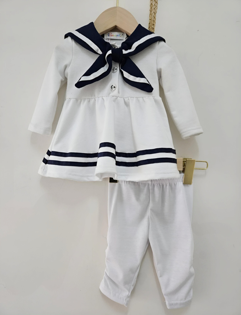 Großhändler Chicaprie - Marineblaues Kleid im Matrosen-Stil mit Streifen und einfarbiger Leggings für Baby Mädchen