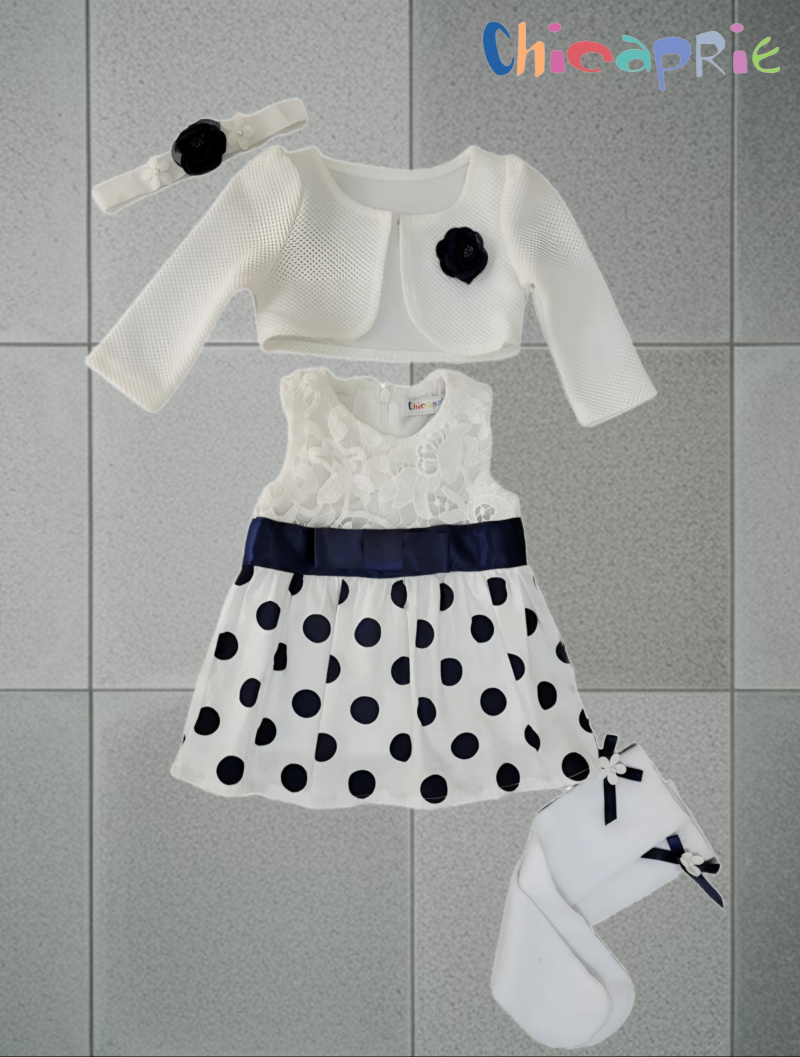 Mayorista Chicaprie - Conjunto para bebé niña compuesto por un chaleco liso con una flor aplicada y un vestido con la parte superior de encaje y falda de lunares