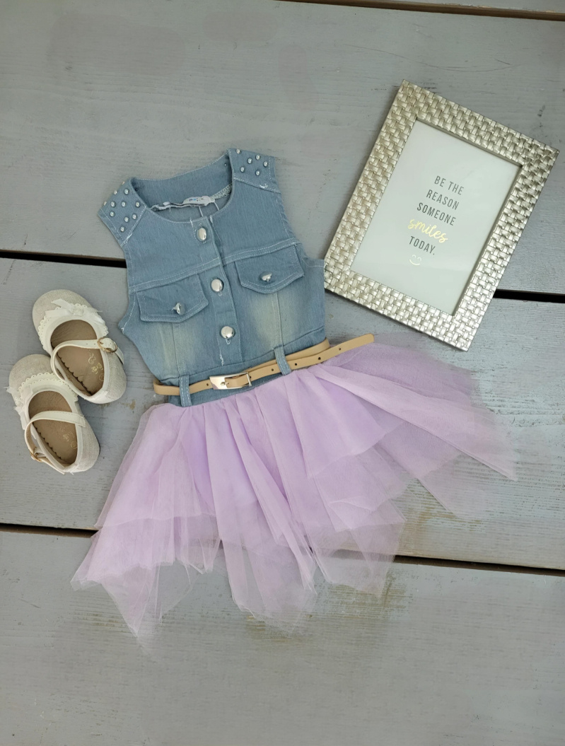 Wholesaler Chicaprie - Baby girl's dress with a denim top decorated with studs and buttons and a plain voile skirt
