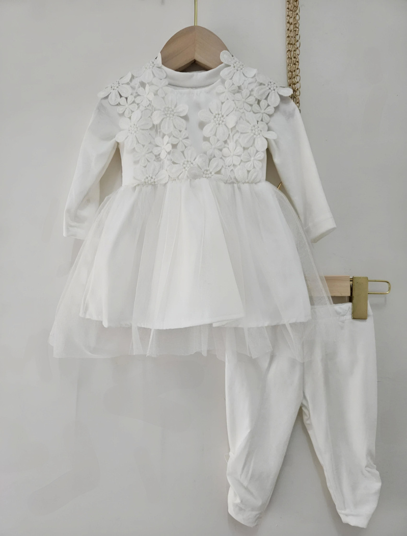 Mayorista Chicaprie - Conjunto para bebé niña compuesto por un vestido de encaje floral y medias transparentes, con una camiseta lisa