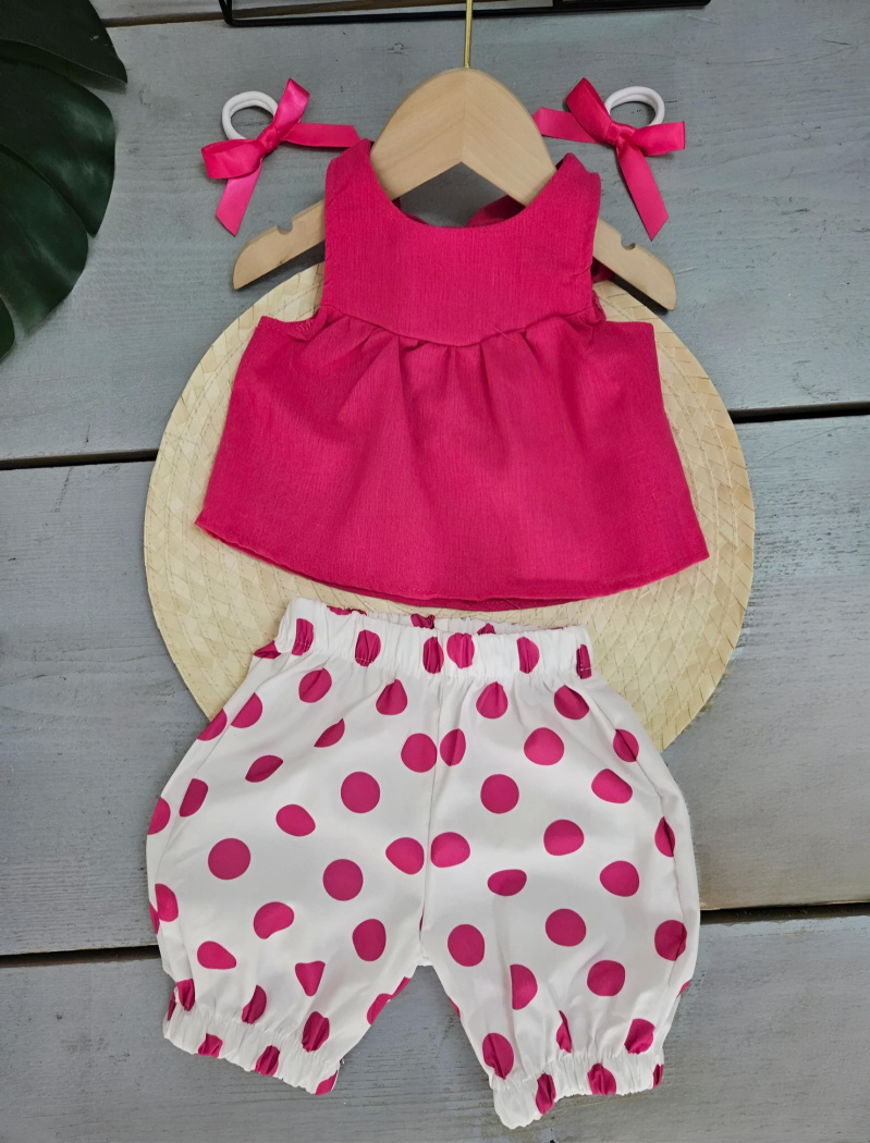 Grossiste Chicaprie - Ensemble Top Uni Arrière Noeud et Pantalon Pois Bébé Fille