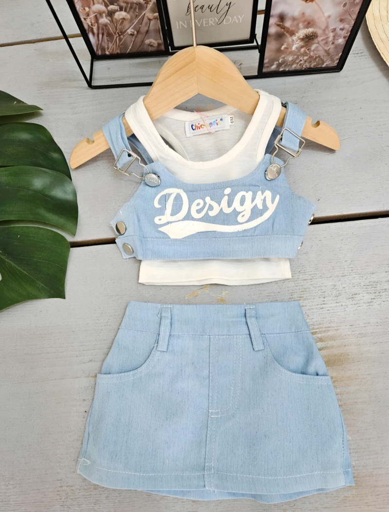 Wholesaler Chicaprie - Denim dungaree dress set with straps and short skirt "Design" for baby girl