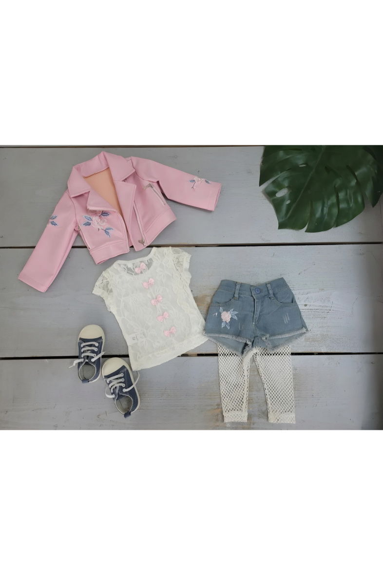 Wholesaler Chicaprie - Baby Girl's Faux Leather Jacket and Floral Jeans Shorts Set