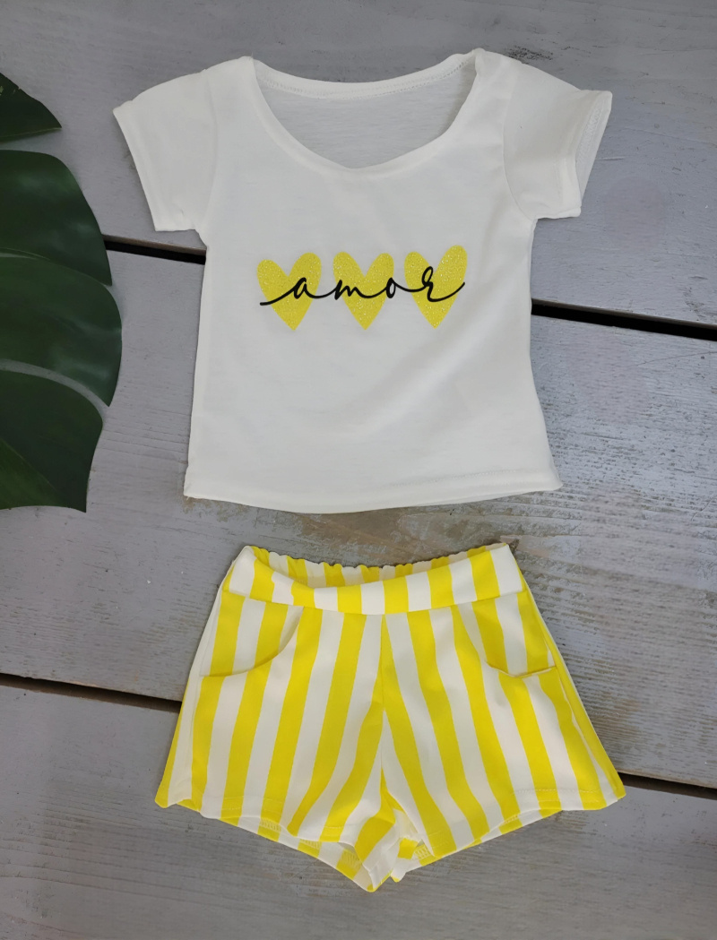 Grossiste Chicaprie - Ensemble Bébé Tee-shirt Ecriture Coeurs et Short Rayures Léger Bébé Fille