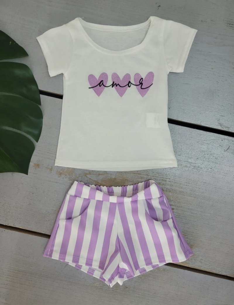 Grossiste Chicaprie - Ensemble Bébé Tee-shirt Ecriture Coeurs et Short Rayures Léger Bébé Fille