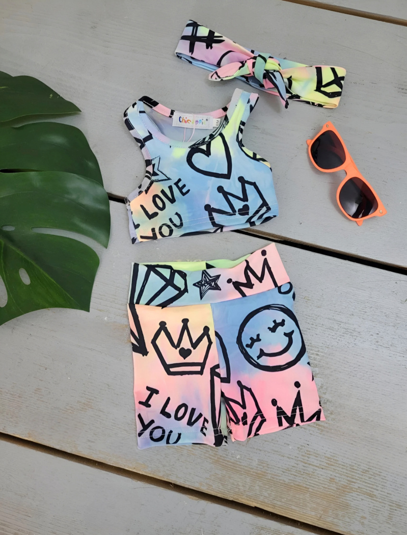 Großhändler Chicaprie - Set aus mehrfarbig gemustertem Oberteil und Shorts für Babys mit Sport-Stirnband