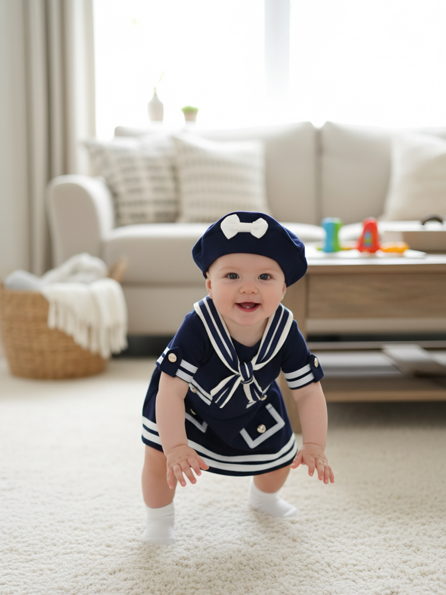 Großhändler Chicaprie - Baby-Set aus Oberteil und Rock im Matrosen-Meer-Stil mit goldenen Knöpfen