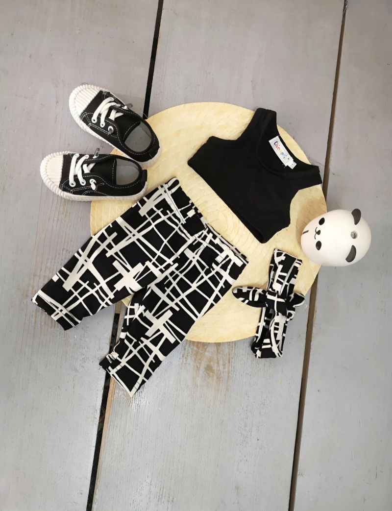 Wholesaler Chicaprie - Baby Girl's Plain Crop-Top and Striped Trousers Set with Sports Headband