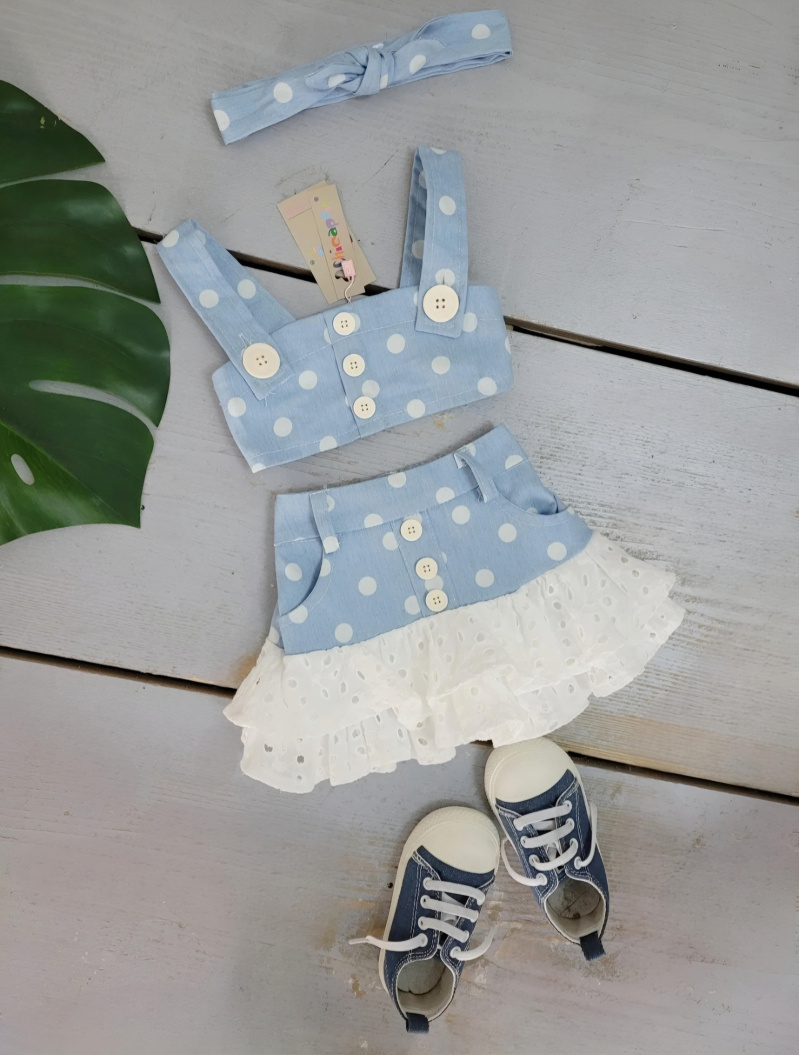 Grossiste Chicaprie - Ensemble Crop-Top Et Jupe Jeans Légère  A Pois Et Bas Volant Bébé Fille