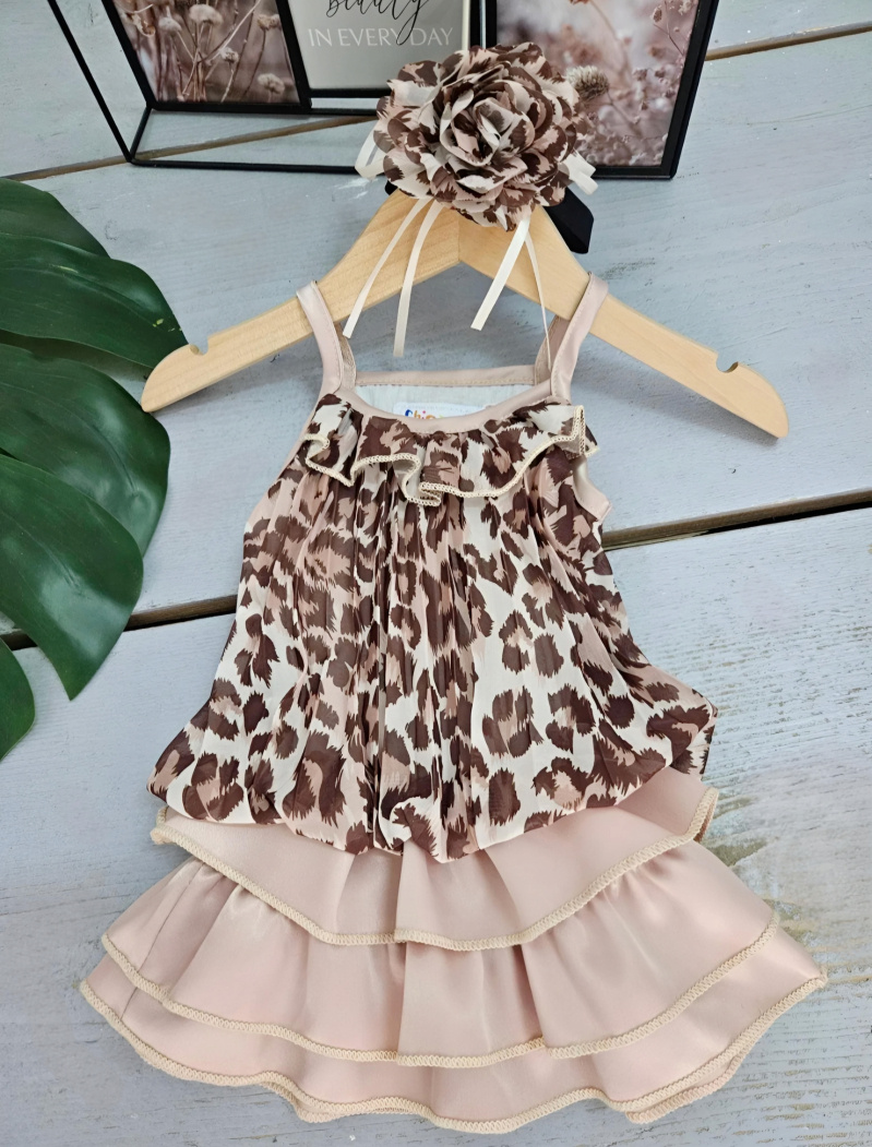 Grossiste Chicaprie - Robe Léopard Fluide Bas Volants Avec Ruban Fleuri Bébé Fille