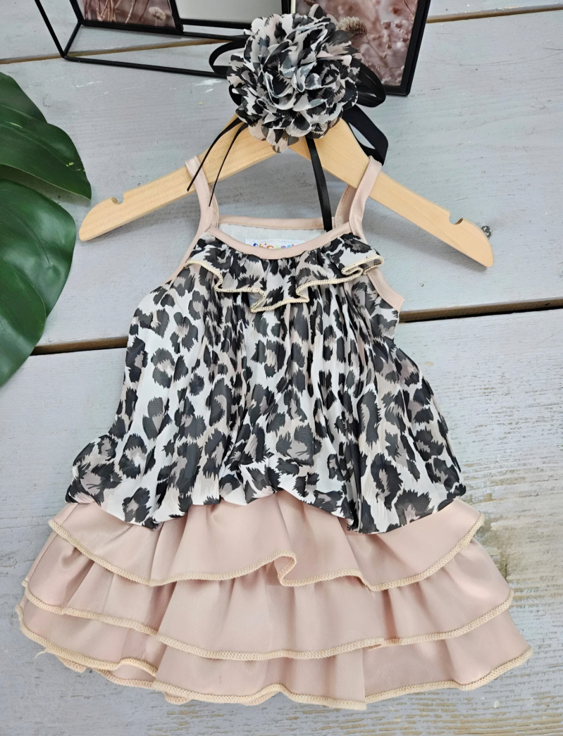 Großhändler Chicaprie - Fließendes Leopardenkleid für Babymädchen mit gerüschter Hose und Blumenband