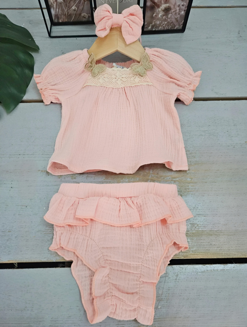 Großhändler Chicaprie - Strukturiertes Oberteil-Set für Mädchen mit Schmetterlingen, Overlay und Schleifen-Stirnband