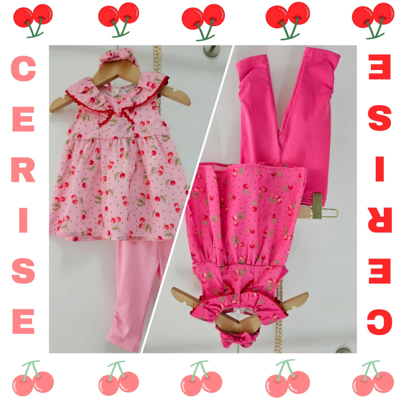 Grossiste Chicaprie - Robe Cerises Col Volant Avec Legging Et Bandeau Noeud Bébé Fille