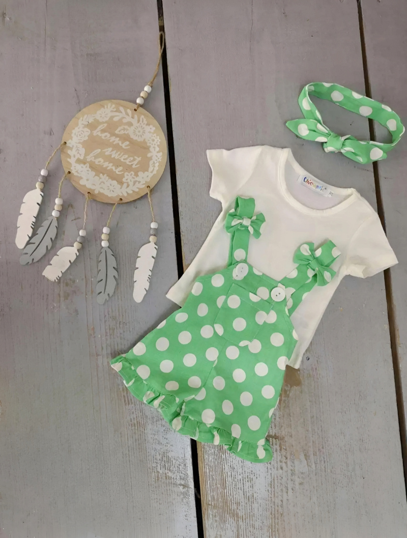 Grossiste Chicaprie - Ensemble Salopette A Pois Noeuds Et Tee-Shirt Uni Avec Bandeau Bébé Fille