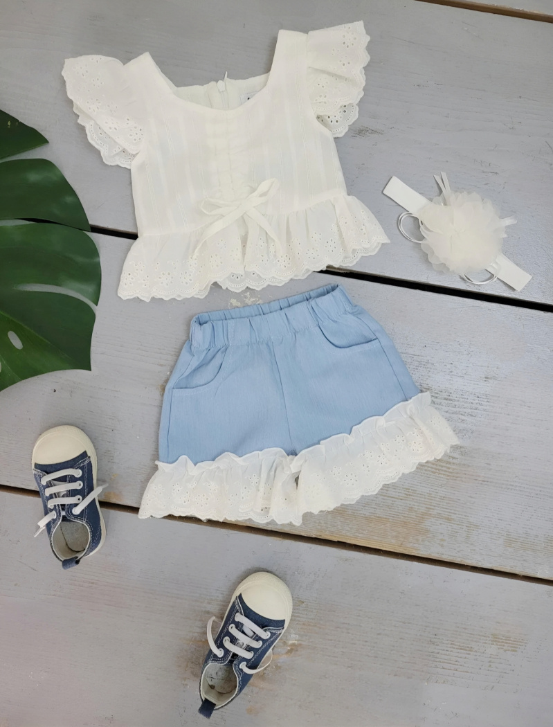 Mayorista Chicaprie - Conjunto de top de encaje y pantalón corto de jean con lazo de flores para bebé niña