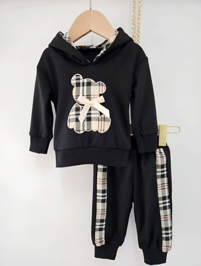 Großhändler Chicaprie - Sweatshirt-Set für Babymädchen mit Teddybär und einfarbiger und karierter Jogginghose