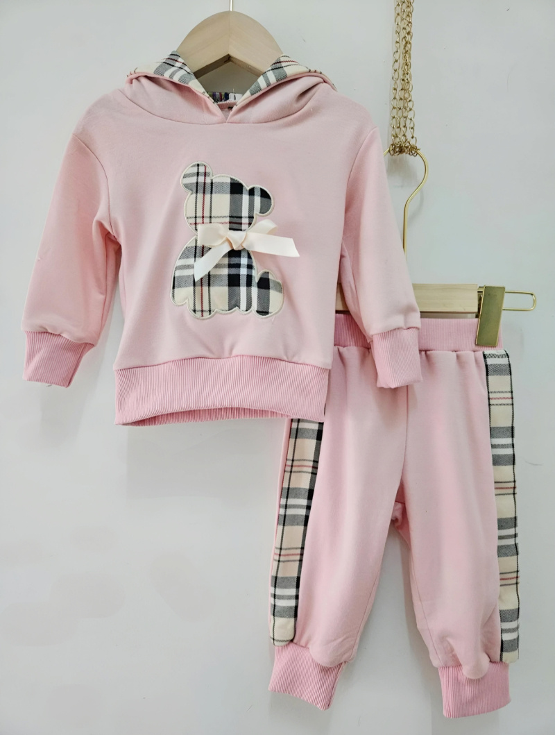 Grossiste Chicaprie - Ensemble Sweat Avec Nounours Noeud Et Jogging Uni Et Quadrillée Sport Bébé Fille