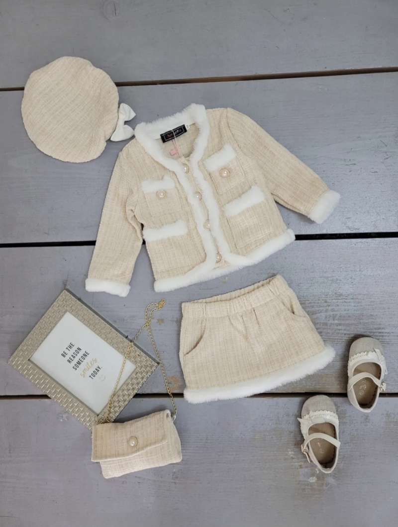 Ensemble Fille 4 Pièces Tweed - Veste + Jupe Courte + Sac + Barrette Perles - Tenue Élégante Automne/Hiver