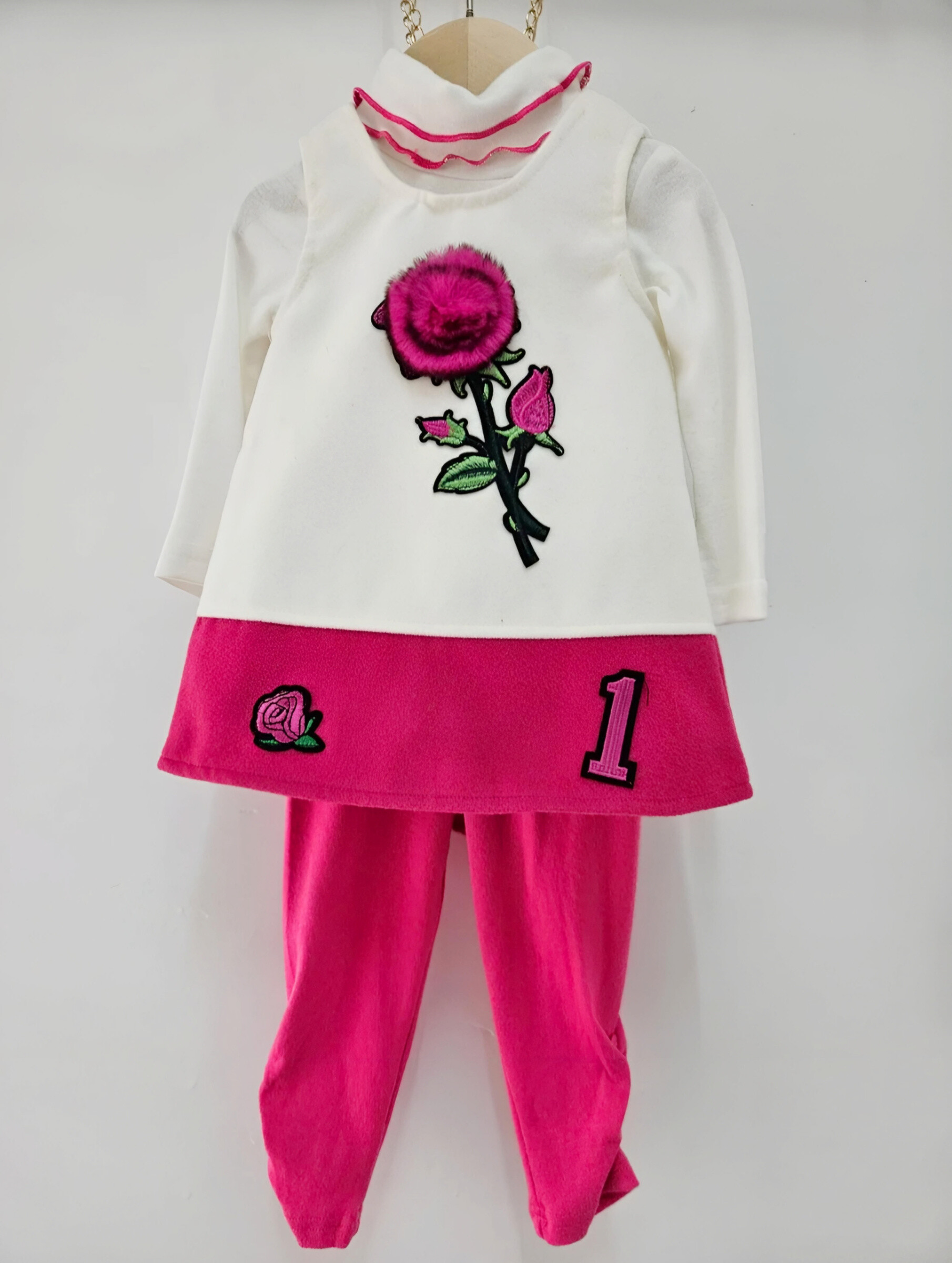 Wholesaler Chicaprie - Baby Girl's Plain Pink Flower Dress Set with T-Shirt and Leggings