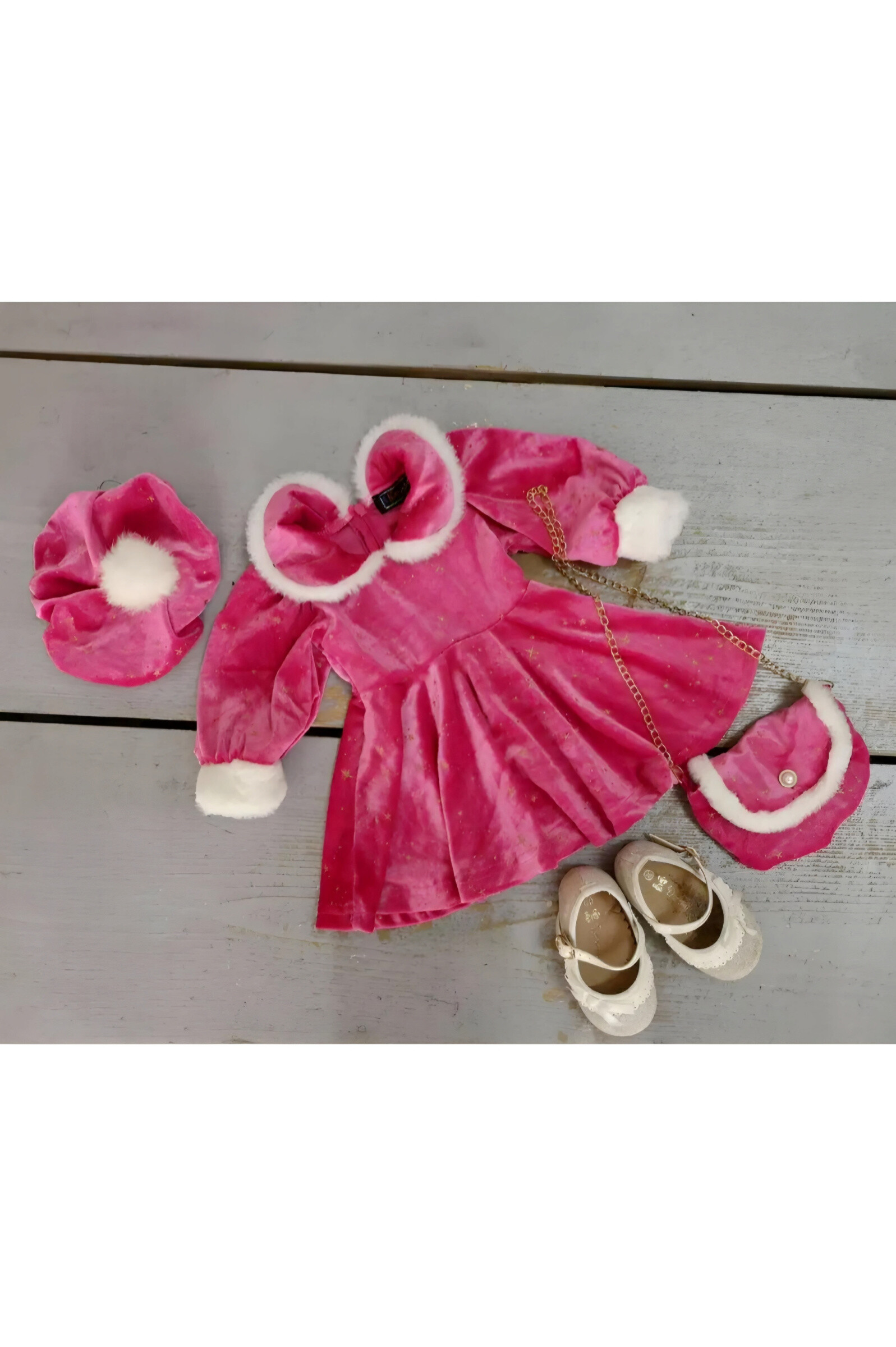 Wholesaler Chicaprie - Baby Girl's Plain Velvet Faux Fur Christmas Party Dress