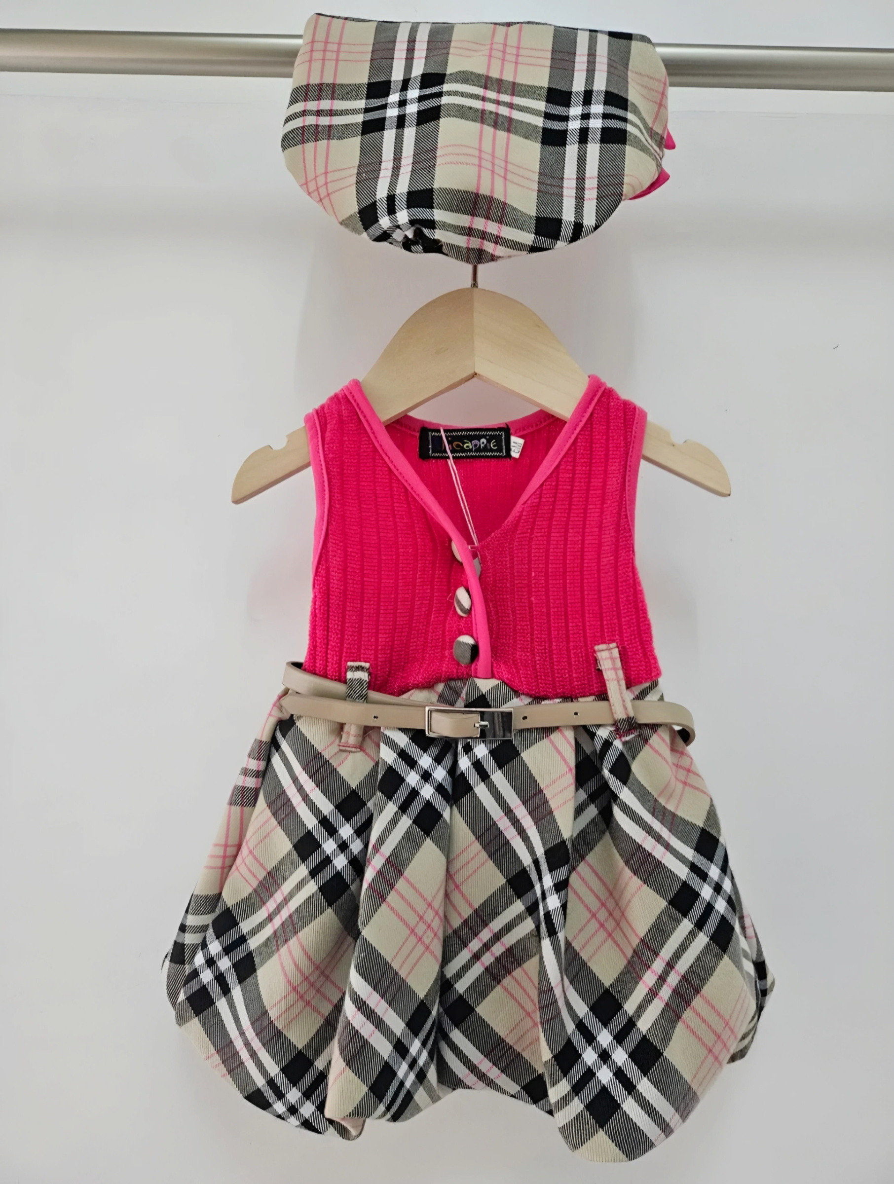 Grossiste Chicaprie - Robe Haut Maille Et Bas Bouffon Quadrillé Avec Ceinture Bébé Fille