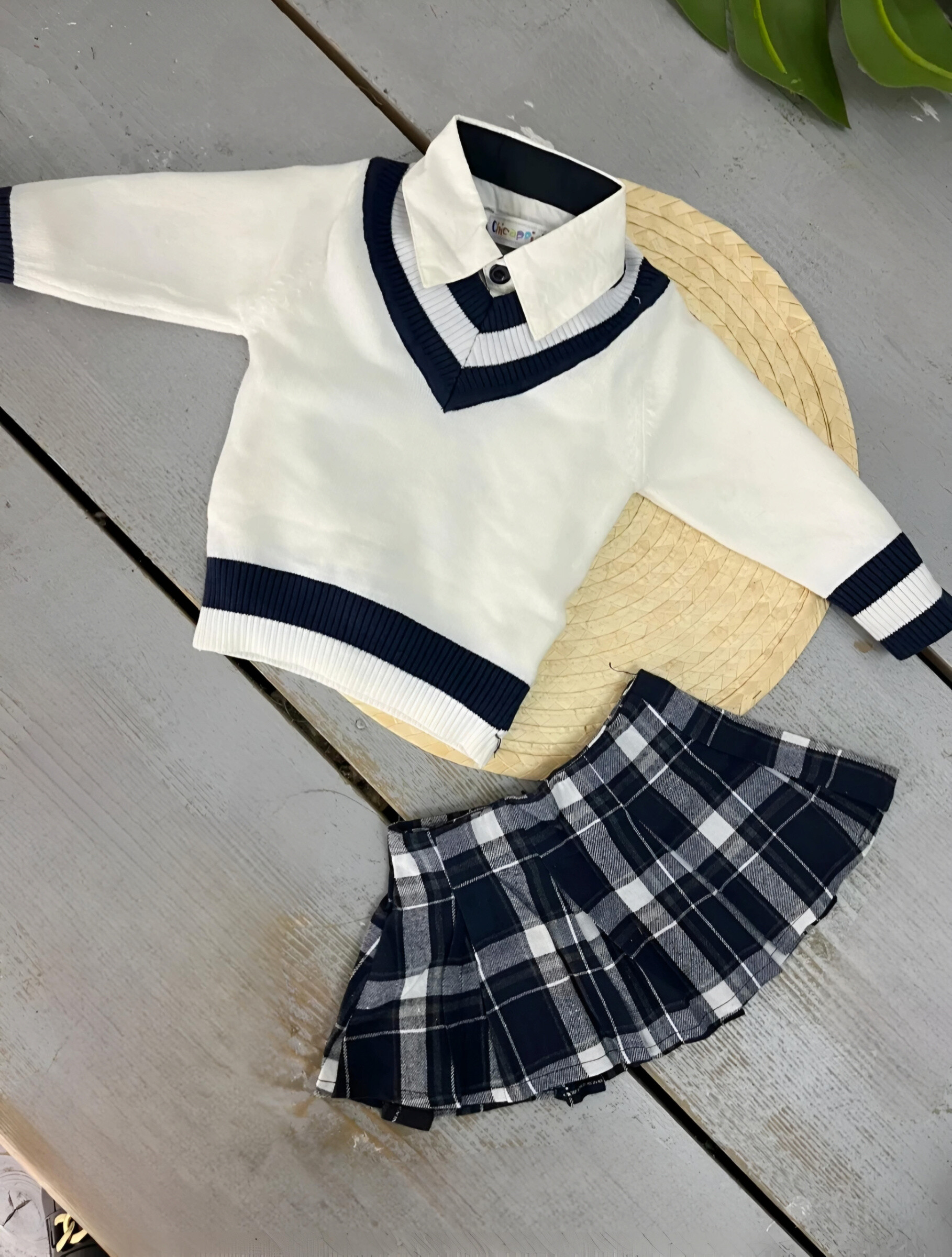 Mayorista Chicaprie - Conjunto de jersey con cuello camisero y falda corta de cuadros estilo colegiala para bebé niña