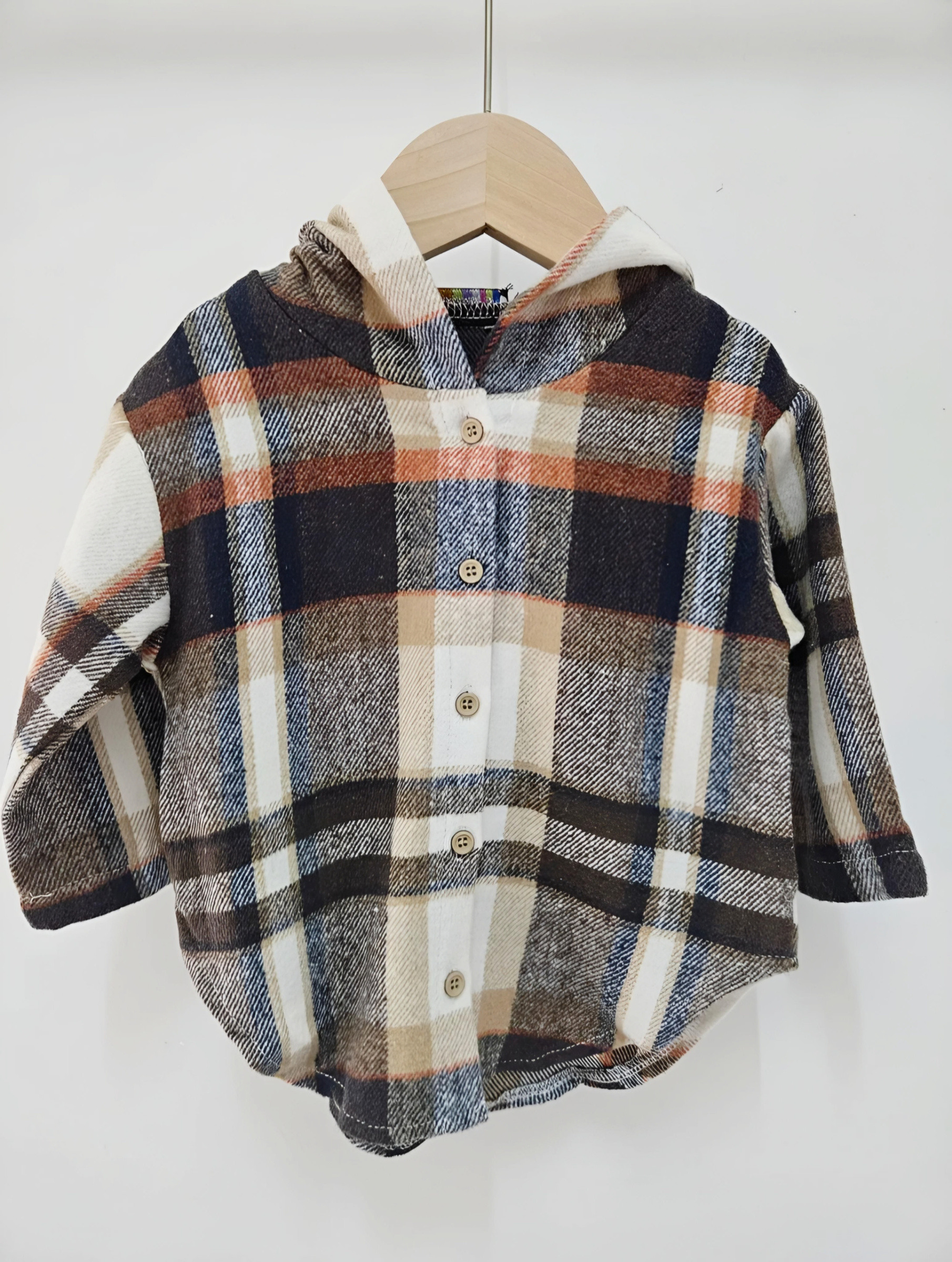 Wholesaler Chicaprie - Checked hooded button-up shirt, urban streetwear style, for babies unisex