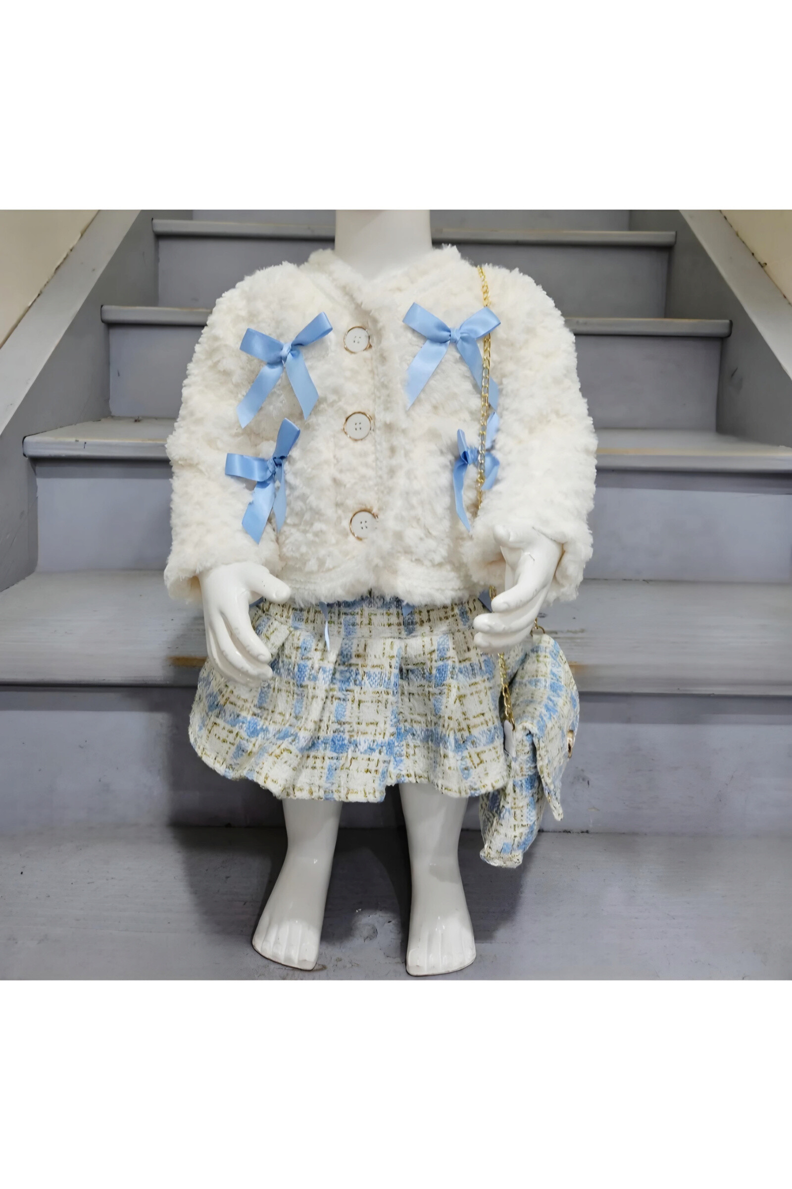 Mayorista Chicaprie - Conjunto para bebé niña compuesto por un chaleco de piel sintética y una falda corta de tweed a cuadros con lazos, ideal para una fiesta