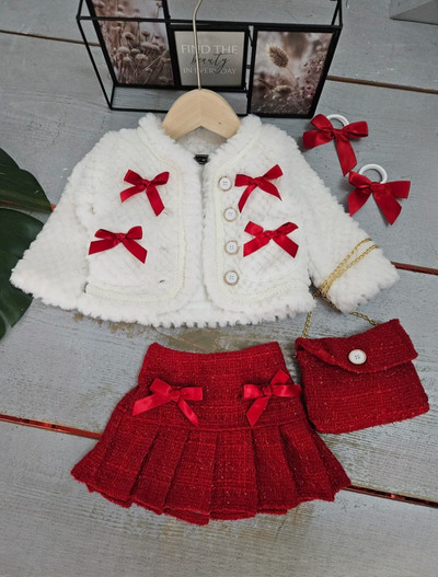 Grossista Chicaprie - Completino per bambina composto da gilet in pelliccia sintetica e gonna corta in tweed a quadri con fiocchi, ideale per una festa Grossista Chicaprie - Completino per bambina composto da gilet in pelliccia sintetica e gonna corta in tweed a quadri con fiocchi, ideale per una festa