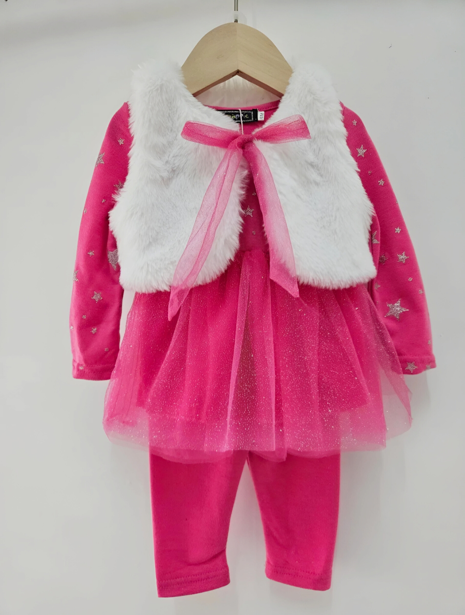 Mayorista Chicaprie - Conjunto Bebé Niña Chaleco Pelo, Vestido Estrellas y Medias Transparentes