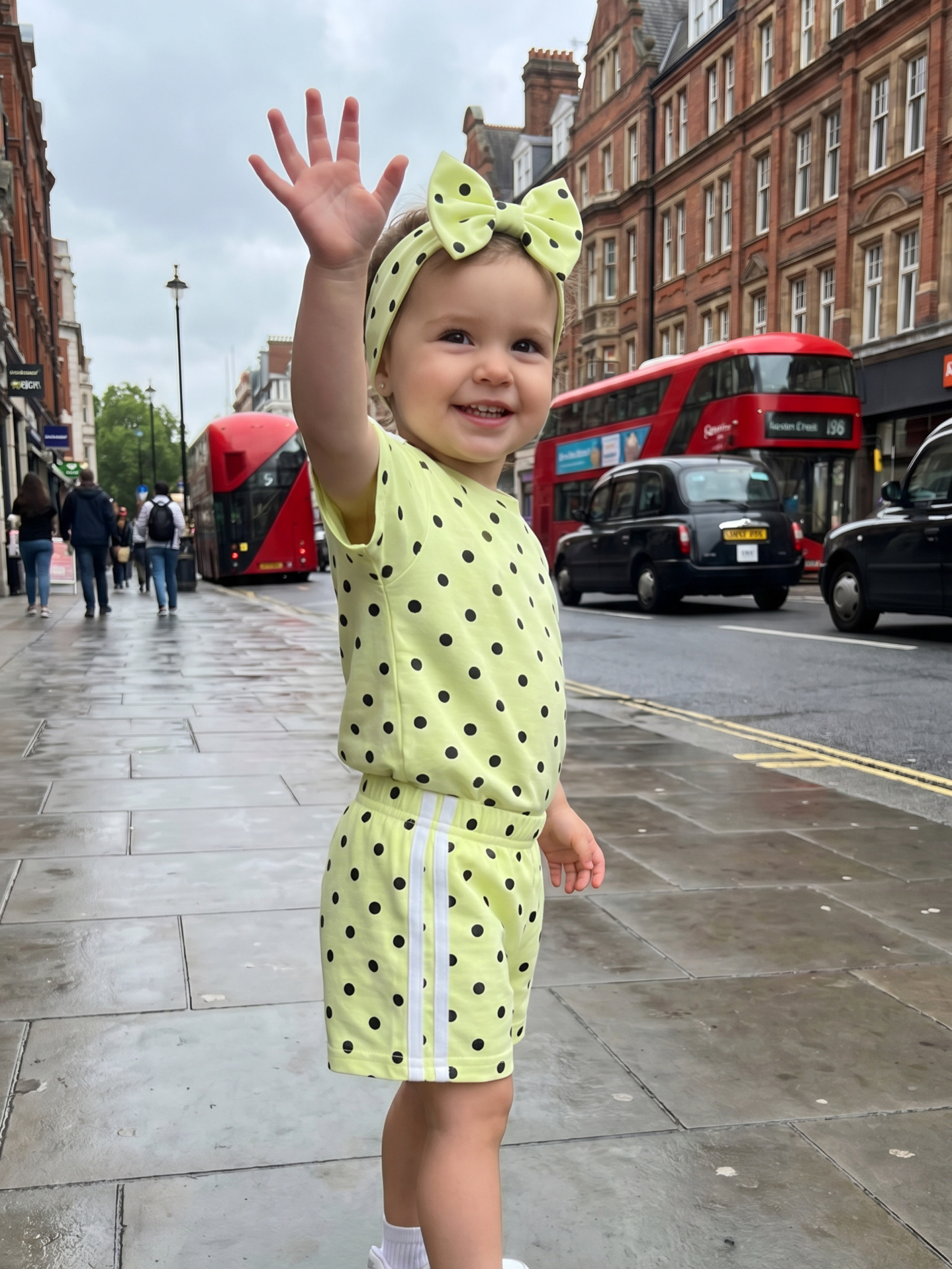 Grossiste Chicaprie - Ensemble Top Et Short Imprimé Pois Avec Bandes Sportives Et Bandeau Noeud Bébé Fille