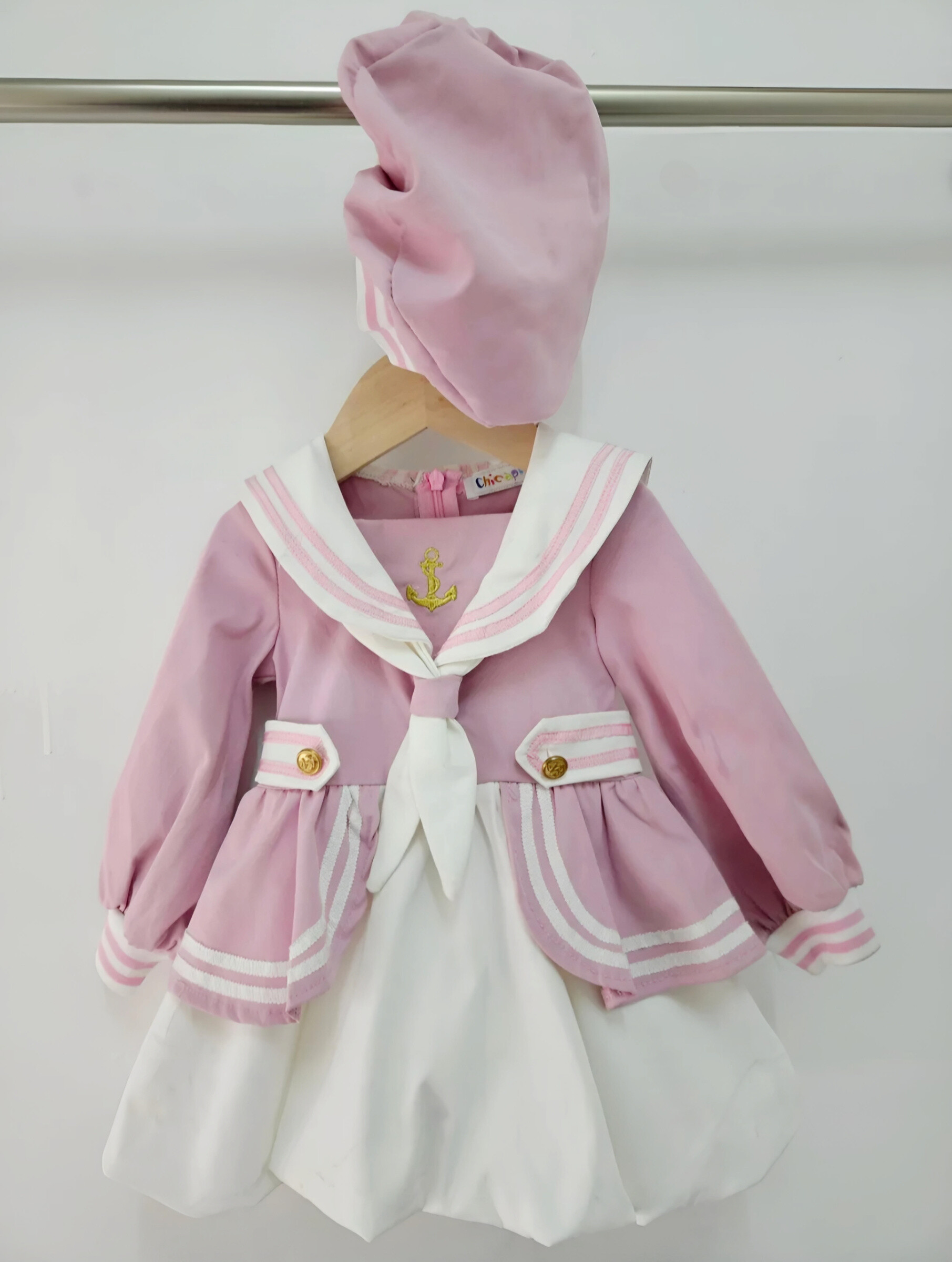 Mayorista Chicaprie - Vestido con cuello marinero y falda abombada con boina de playa para bebé niña