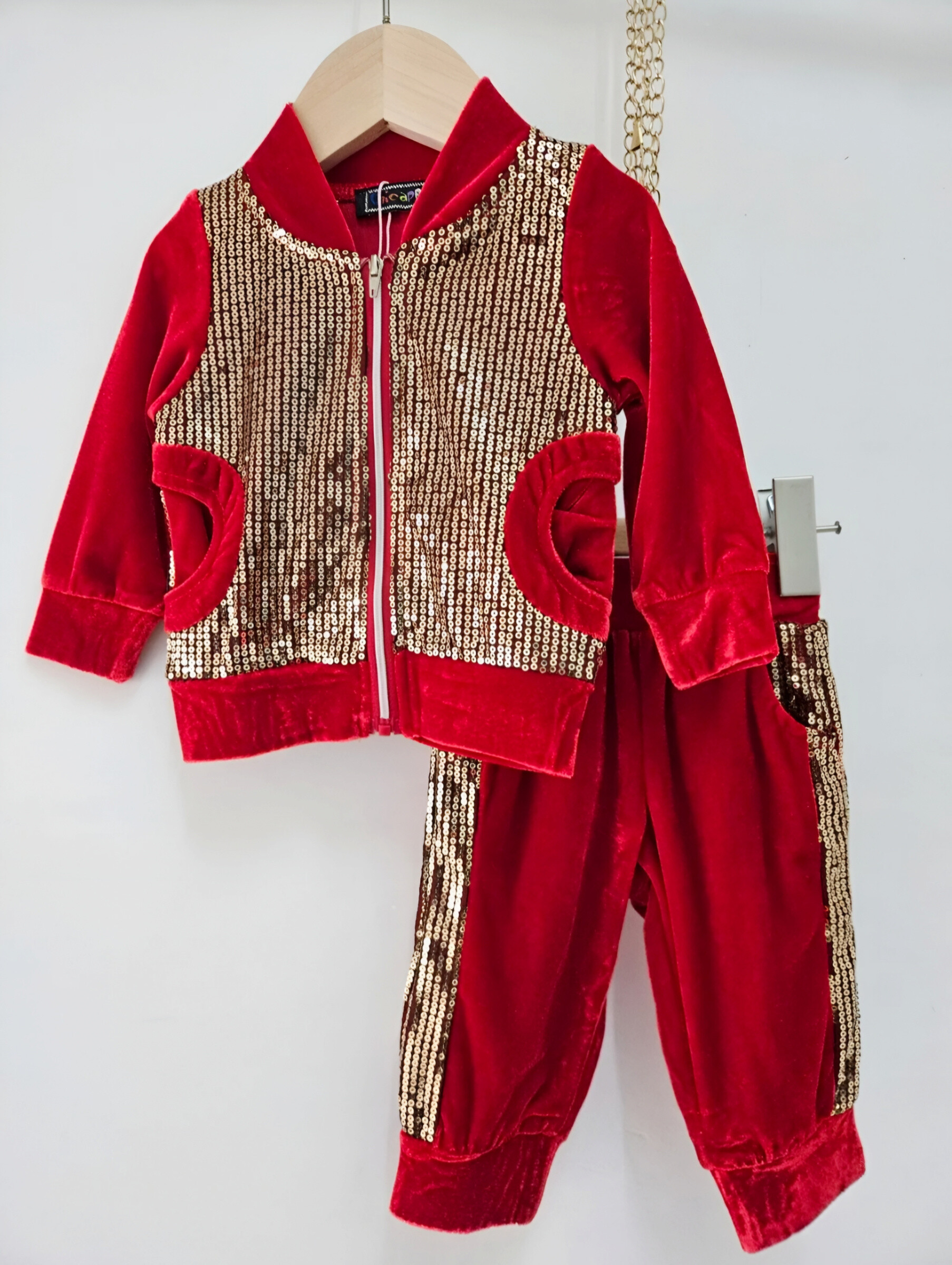 Mayorista Chicaprie - Conjunto Chaleco Manga Larga Y Chándal Liso De Terciopelo Con Lentejuelas Deportivo Bebé Niña