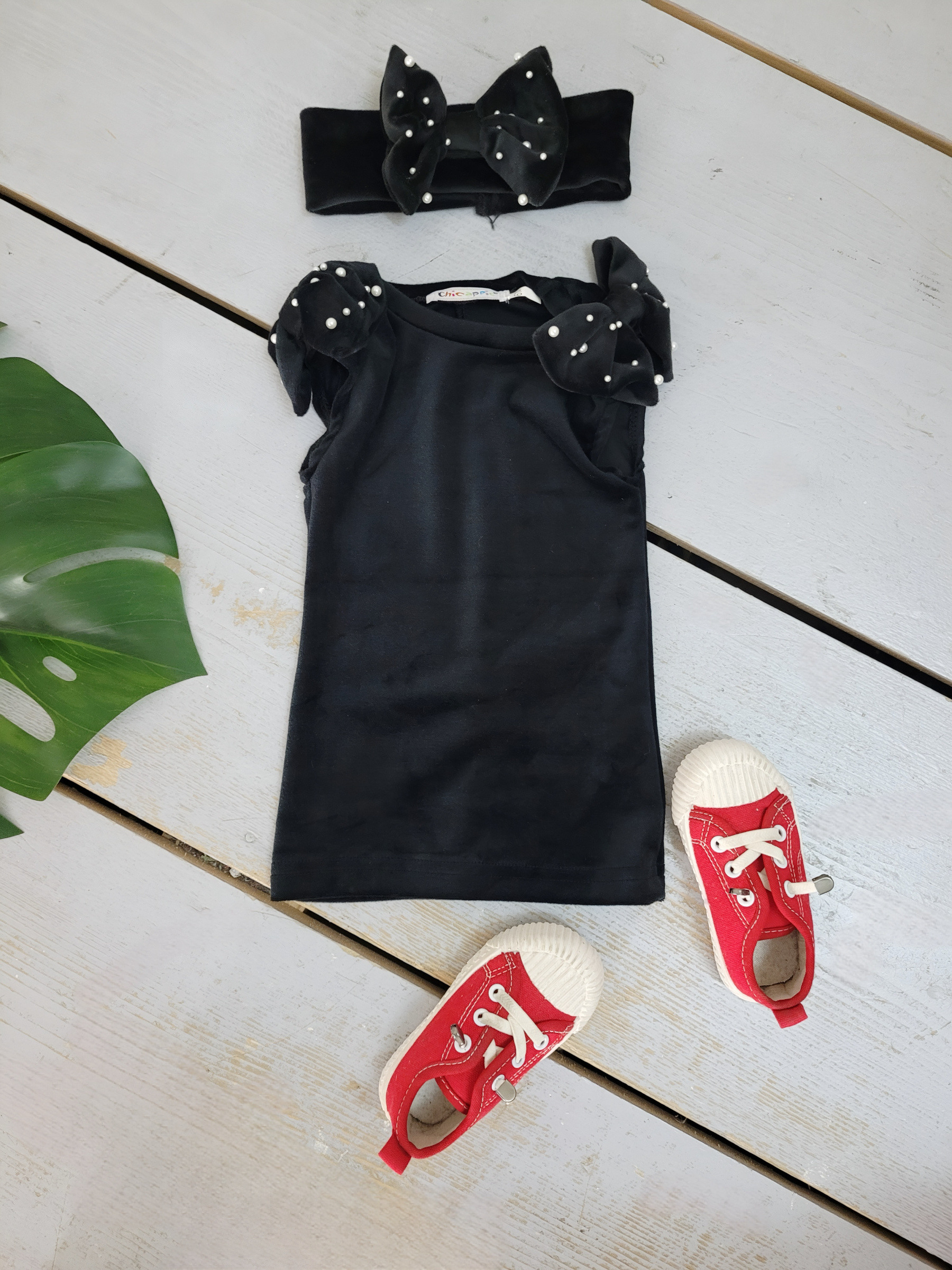 Großhändler Chicaprie - Baby-Mädchen Kurzes Samtkleid mit Perlenschleifen und einfarbigem Haarband