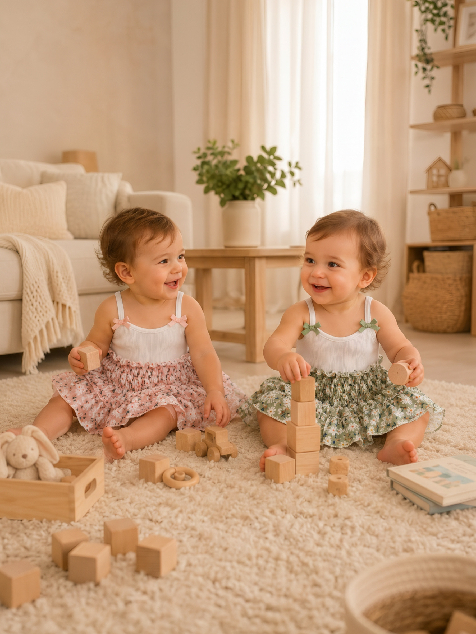 Grossiste Chicaprie - Robe Courte Haut Finement Côtelé Avec Noeuds Et Bas Imprimé Florale Volants Bébé Fille