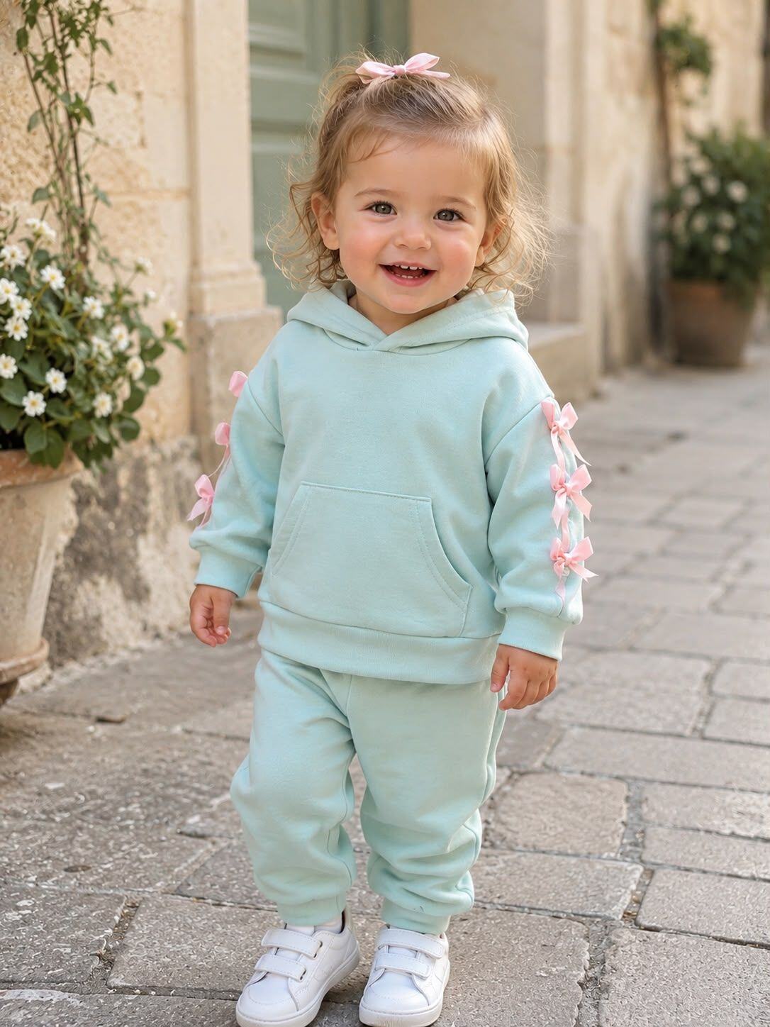 Großhändler Chicaprie - Sportliches Set für Baby-Mädchen: Kapuzenpullover mit Mitteltasche und Einfarbige Jogginghose