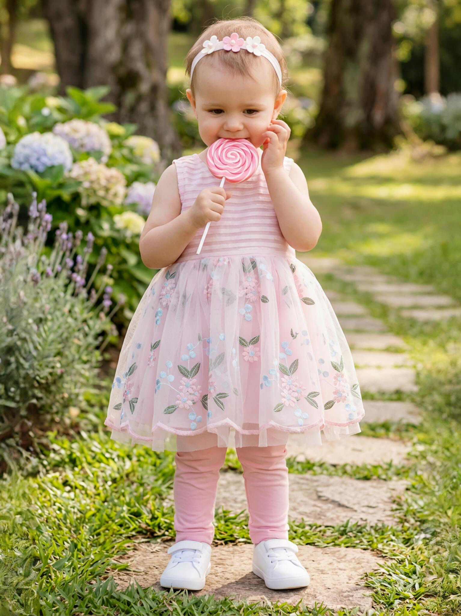 Grossista Chicaprie - Completo vestito senza maniche per bambina con top a righe in raso e gonna in voile floreale con fascia floreale