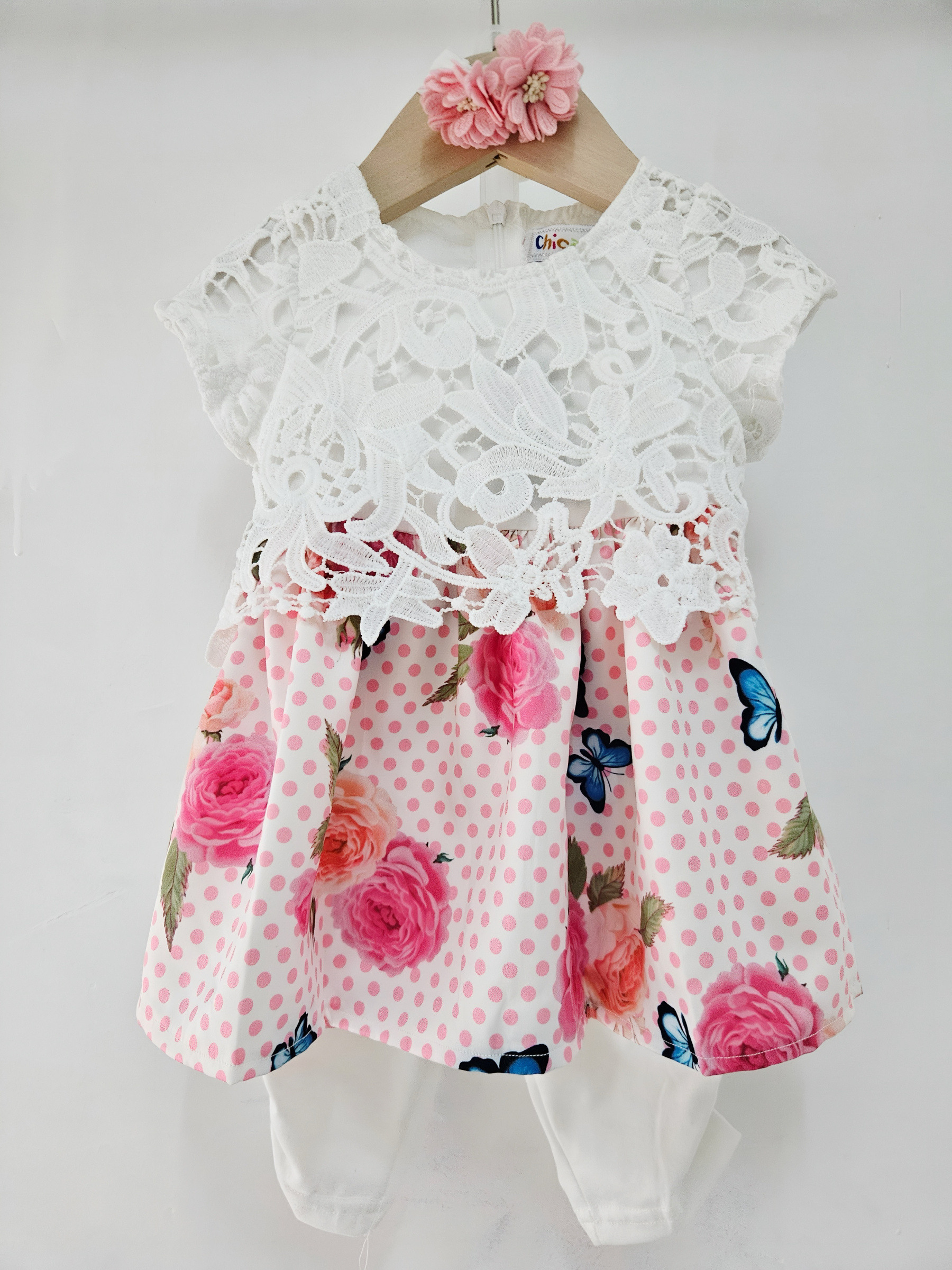 Grossiste Chicaprie - Ensemble Robe Dentelle Avec Imprimé Florale Et Pois, Legging Uni Bébé Fille