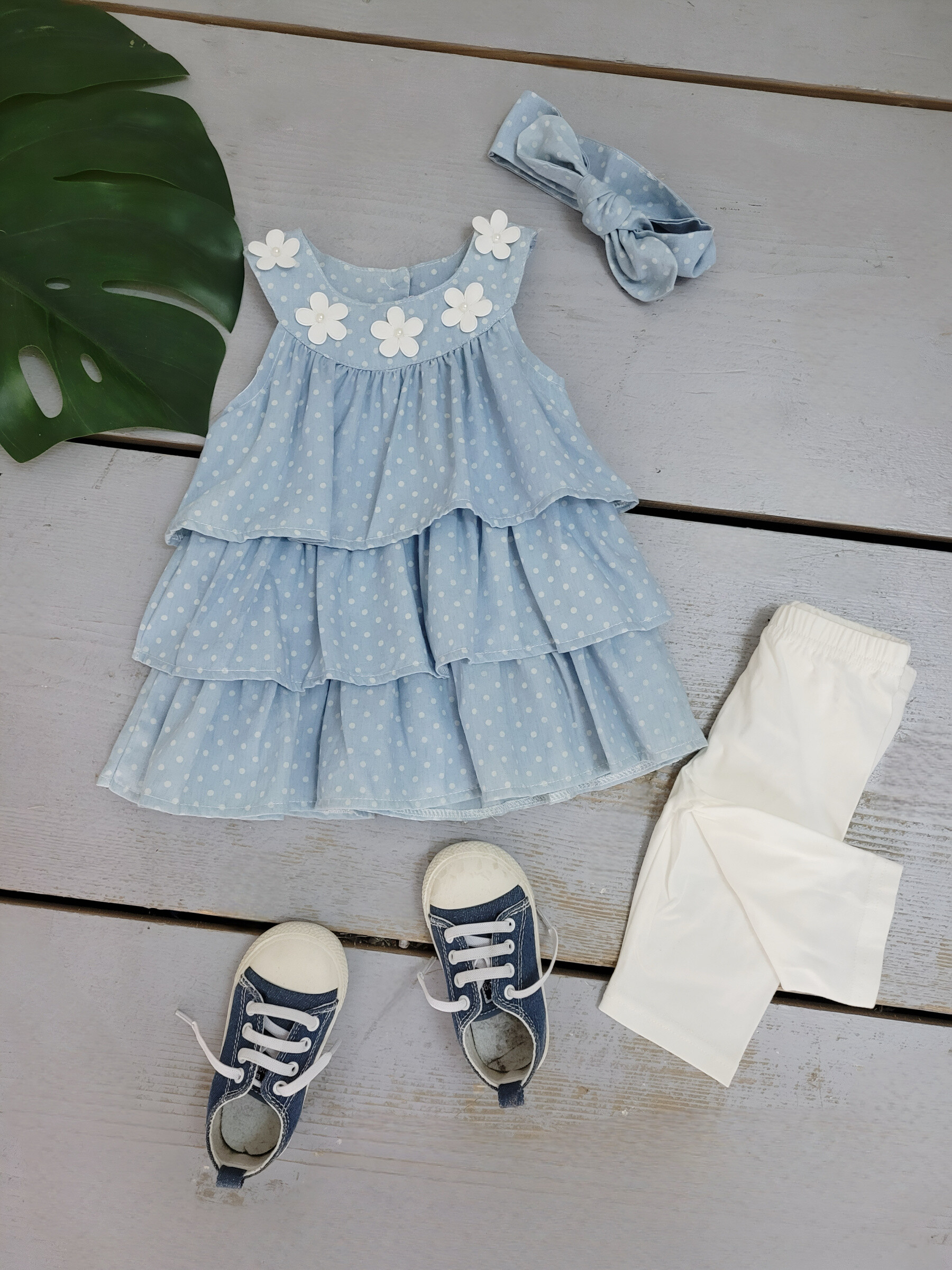 Mayorista Chicaprie - Vestido sin mangas con cuello floral y estampado de lunares y volantes con leggings lisos para niña